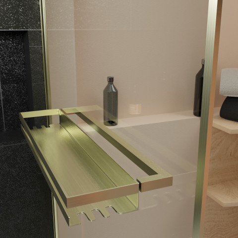 Pare-baignoire rabattable 75x130cm en verre trempé - porte-serviette et etagère or doré brossé