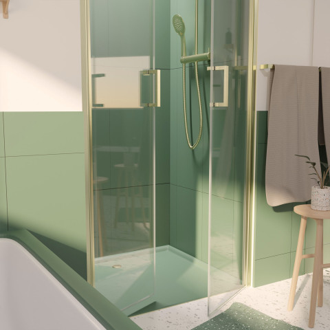 Porte de douche double battant 70x200cm - verre trempé transparent 6mm - profil or doré brossé Aurlane - FAC976