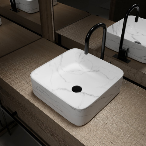 Vasque à poser carrée en céramique blanche mat effet marbre - 38x38x13 cm - white marble