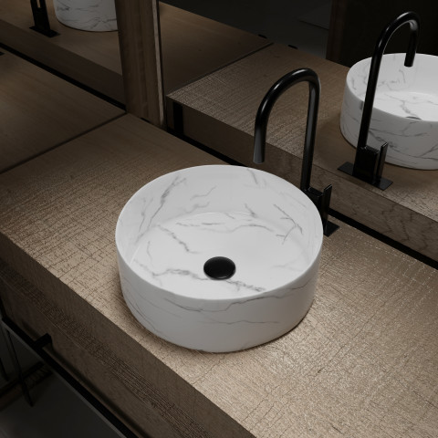 Vasque à poser ronde en céramique blanche mat effet marbre - ø36cm x 13cm - white marble