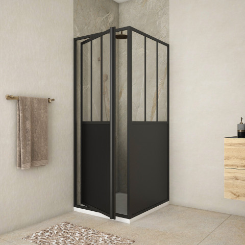 Pack porte de douche pivotante et retour 'type atelier' - noir mat - Dimensions au choix