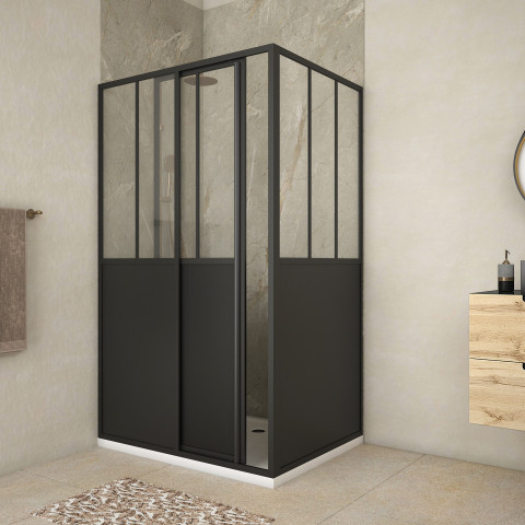 Pack porte de douche coulissante et retour 'type atelier' - noir mat - Dimensions au choix
