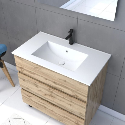 Pack Meuble SDB 80cm sur pieds 3 tiroirs Chêne -Vasque blanche + Miroir Led - TIMBER 80_Pack46 Aurlane - PACM256