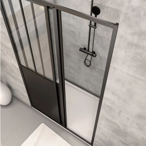 Pack Porte coulissante Noire mate type atelier et receveur à grille linéaire effet pierre - 120x90x200 cm Aurlane - PACF006