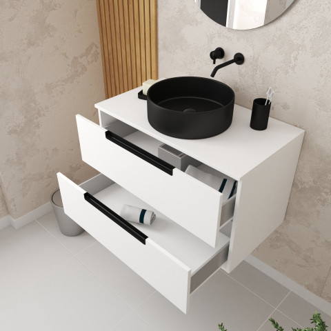 Meuble salle de bains 80 cm blanc laqué à suspendre - 2 tiroirs - vasque ø36 cm - jazz - Couleur de vasque au choix