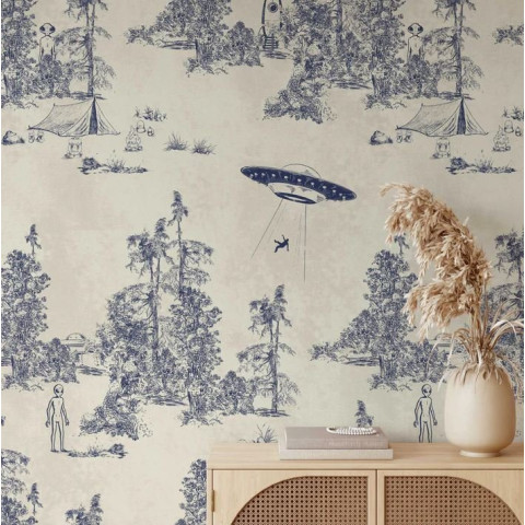 Papier peint Alien toile de Jouy Bleu - ALIEN TOILE BLUE++