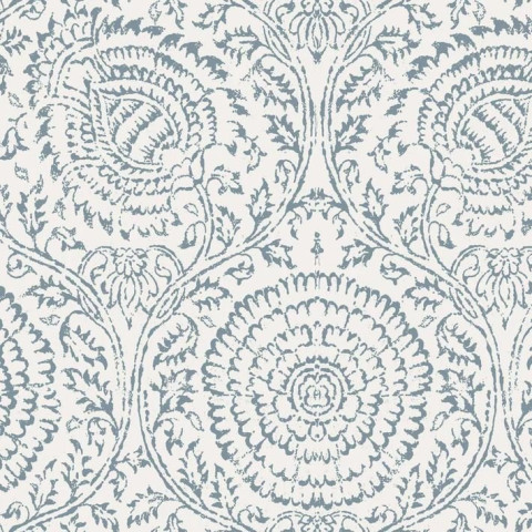 Papier peint floral damassé blanc et bleu Shabby Chic - ANTHROP++
