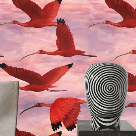 Papier peint tropical oiseaux roses - IBIS++