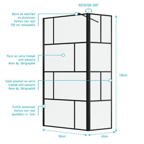 Paroi de douche avec volet pivotant - Verre anticalcaire 8mm - Motifs et Profilé Noir Mat - DARK BLOCKS Aurlane - Dimensions au choix