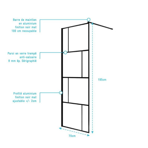 Paroi de douche Sérigraphie Brique - Verre anticalcaire 8mm - Profilé Noir Mat - DARK BLOCKS Aurlane - Dimensions au choix