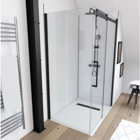 Paroi de retour pour paroi porte de douche type industriel Noir mat - 80x200cm - Verre trempe 8mm Aurlane - FAC359