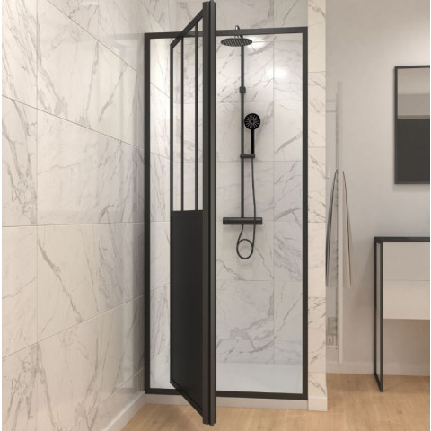 Paroi porte de douche à porte pivotante type atelier - profile noir mat - verre transparent 5mm - Workshop - Dimensions au choix