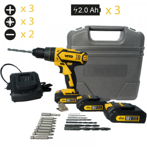 Perceuse visseuse 18v vitopower + 3 batteries lithium 2.0 ah mallette 18 accessoires