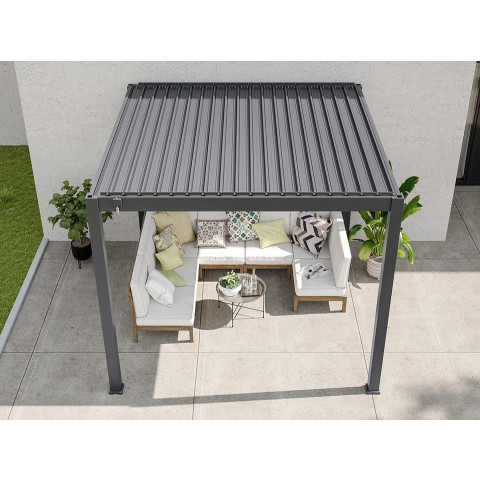 Pergola Bioclimatique AURORA Autoportee - 3X3m - 9m² - Gris - Aluminium - Ouverture des Lames Jusqu'à 90° - Lames en Acier Galvanisé