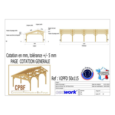 Abri deux pentes faitage decale, 500cmx1150cm, bois douglas francais, carport, auvent, abri voiture, cpbf-v2pfd500x1150