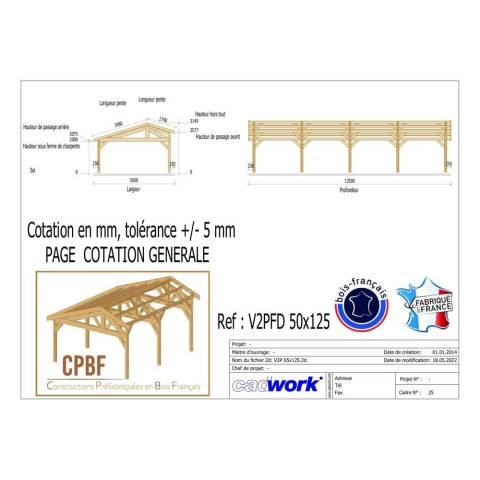 Abri deux pentes faitage decale, 500cmx1250cm, bois douglas francais, carport, auvent, abri voiture, cpbf-v2pfd500x1250