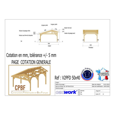 Abri deux pentes faitage decale, 500cmx400cm, bois douglas francais, carport, auvent, abri voiture, cpbf-v2pfd500x400