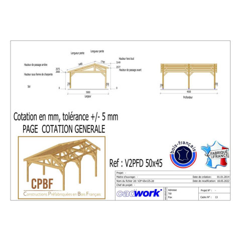 Abri deux pentes faitage decale, 500cmx450cm, bois douglas francais, carport, auvent, abri voiture, cpbf-v2pfd500x450