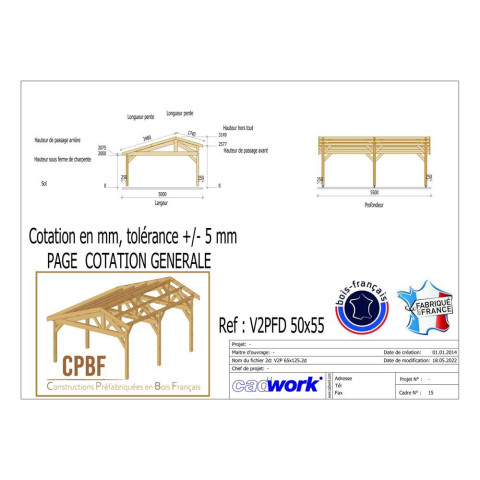 Abri deux pentes faitage decale, 500cmx550cm, bois douglas francais, carport, auvent, abri voiture, cpbf-v2pfd500x550