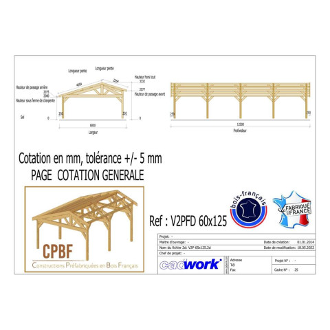 Abri deux pentes faitage decale, 600cmx1250cm, bois douglas francais, carport, auvent, abri voiture, cpbf-v2pfd600x1250