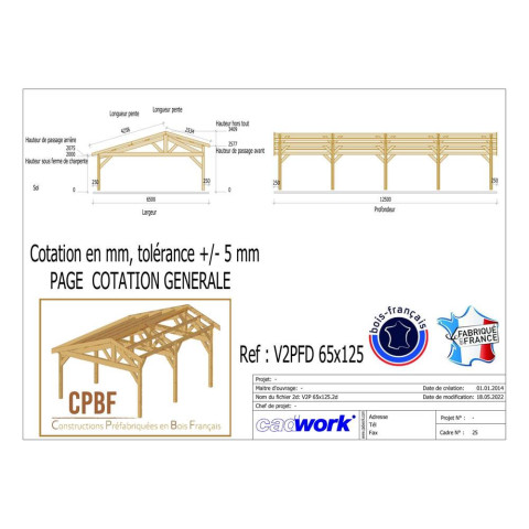 Abri deux pentes faitage decale, 650cmx1250cm, bois douglas francais, carport, auvent, abri voiture, cpbf-v2pfd650x1250