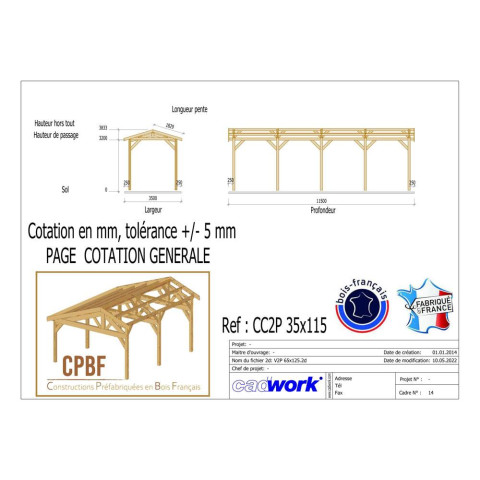 Abri deux pentes, 350cmx1150cm, bois douglas francais, carport, auvent, abri camping-car, cpbf-cc2p350x1150