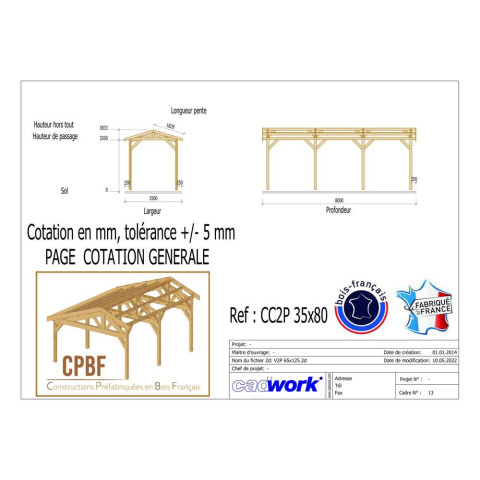 Abri deux pentes, 350cmx800cm, bois douglas francais, carport, auvent, abri camping-car, cpbf-cc2p350x800