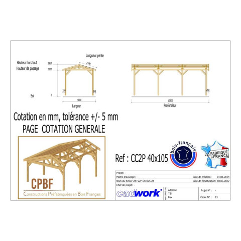 Abri deux pentes, 400cmx1050cm, bois douglas francais, carport, auvent, abri camping-car, cpbf-cc2p400x1050