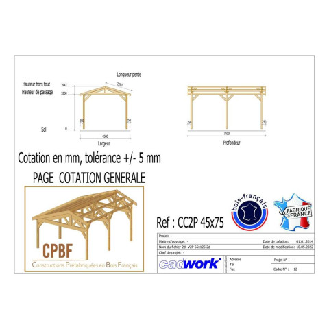 Abri deux pentes, 450cmx750cm, bois douglas francais, carport, auvent, abri camping-car, cpbf-cc2p450x750