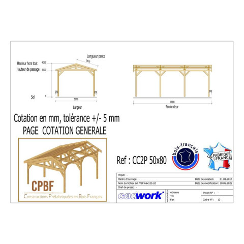 Abri deux pentes, 500cmx800cm, bois douglas francais, carport, auvent, abri camping-car, cpbf-cc2p500x800