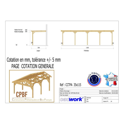 Abri toit plat adosse, 350cmx1150cm, bois douglas francais, carport, auvent, abri camping-car, cpbf-cctpa350x1150