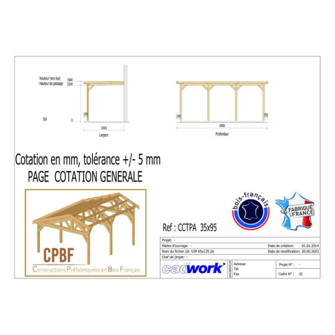 Abri toit plat adosse, 350cmx950cm, bois douglas francais, carport, auvent, abri camping-car, cpbf-cctpa350x950