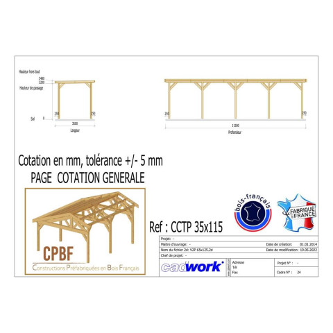 Abri toit plat, 350cmx1150cm, bois douglas francais, carport, auvent, abri camping-car, cpbf-cctp350x1150