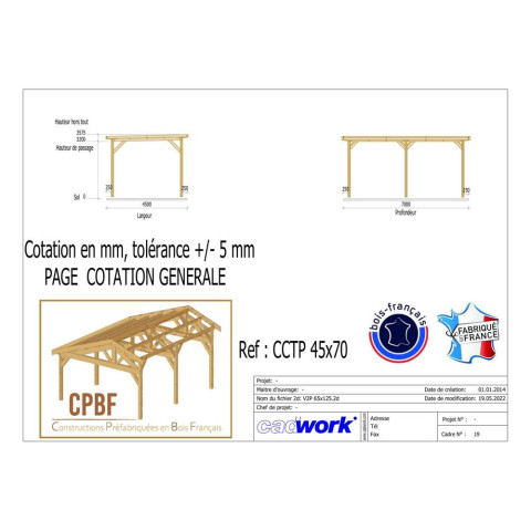 Abri toit plat, 450cmx700cm, bois douglas francais, carport, auvent, abri camping-car, cpbf-cctp450x700