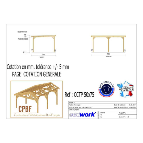 Abri toit plat, 500cmx750cm, bois douglas francais, carport, auvent, abri camping-car, cpbf-cctp500x750