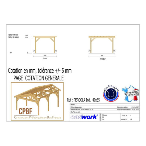 Pergolas adossee, 400cmx350cm, bois douglas francais, carport, auvent, abri terrasse, cpbf-pergomur400x350