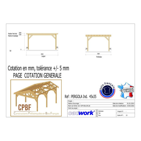 Pergolas adossee, 450cmx350cm, bois douglas francais, carport, auvent , abri terrasse, cpbf-pergomur450x350