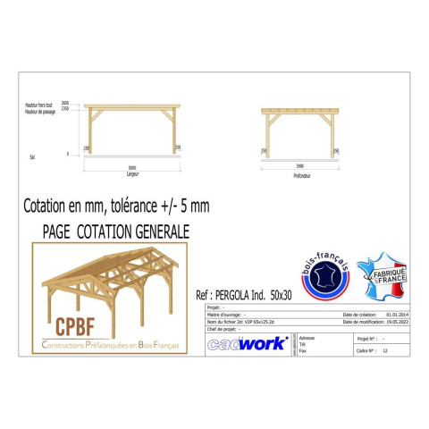 Pergolas adossee, 500cmx300cm, bois douglas francais, carport, auvent, abri terrasse, cpbf-pergomur500x300