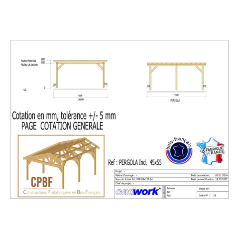 Pergolas adossee, 550cmx450cm, bois douglas francais, carport, auvent- abri terrasse, cpbf-pergomur550x450