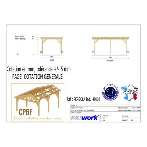 Pergolas adossee, 600cmx400cm, bois douglas francais, carport -auvent, abri terrasse, cpbf-pergomur600x400