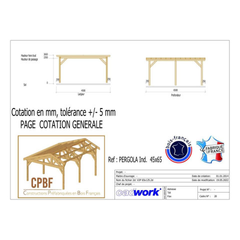 Pergolas adossee, 650cmx450cm, bois douglas francais, carport-auvent, abri terrasse, cpbf-pergomur650x450