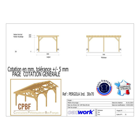 Pergolas adossee, 700cmx300cm, bois douglas francais, carport-auvent, abri terrasse, cpbf-pergomur700x300