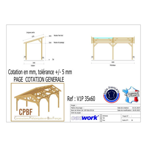 Abri une pente, 350cmx600cm, bois douglas francais, carport, auvent, abri voiture, cpbf-v1p350x600