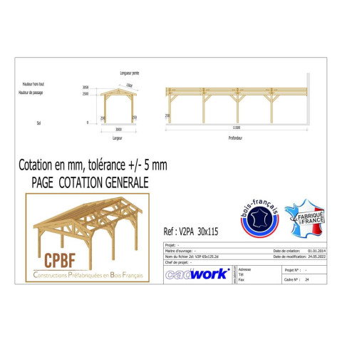 Abri deux pentes adosse, 300cmx1150cm, bois douglas francais, carport, auvent, abri voiture, cpbf-v2pa300x1150