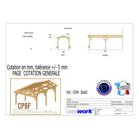 Abri deux pentes adosse, 300cmx650cm, bois douglas francais, carport, auvent, abri voiture, cpbf-v2pa300x650