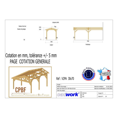 Abri deux pentes adosse, 300cmx700cm, bois douglas francais, carport, auvent, abri voiture, cpbf-v2pa300x700