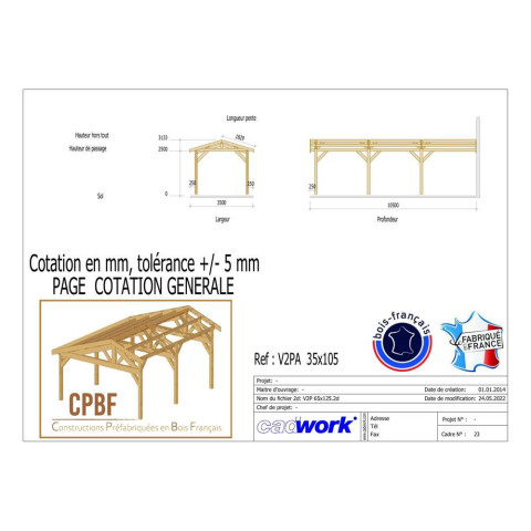 Abri deux pentes adosse, 350cmx1050cm, bois douglas francais, carport, auvent, abri voiture, cpbf-v2pa350x1050