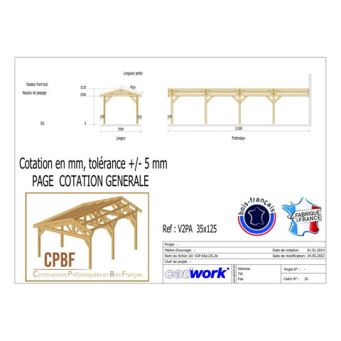 Abri deux pentes adosse, 350cmx1250cm, bois douglas francais, carport, auvent, abri voiture, cpbf-v2pa350x1250