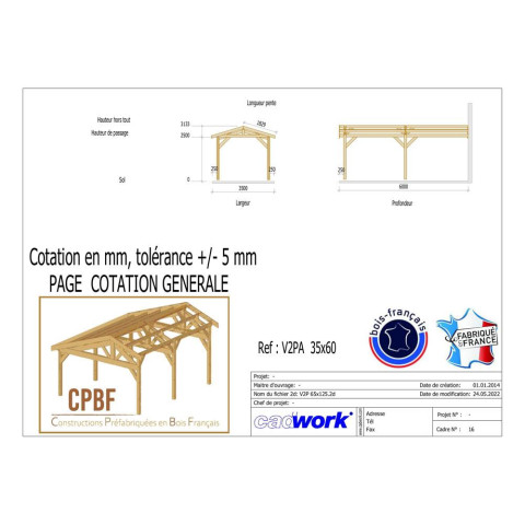 Abri deux pentes adosse, 350cmx600cm, bois douglas francais, carport, auvent, abri voiture, cpbf-v2pa350x600