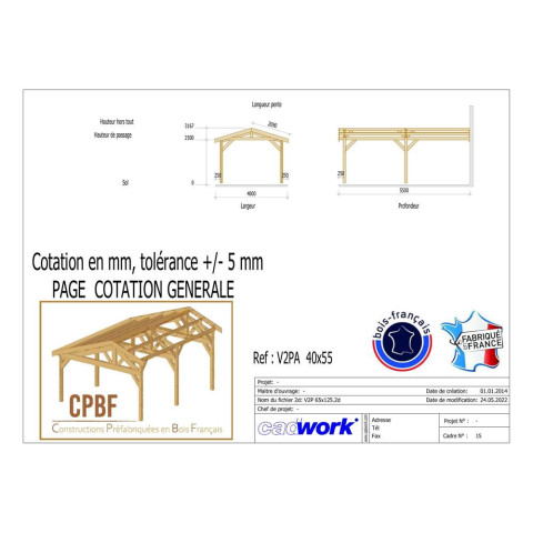 Abri deux pentes adosse, 400cmx550cm, bois douglas francais, carport, auvent, abri voiture, cpbf-v2pa400x550